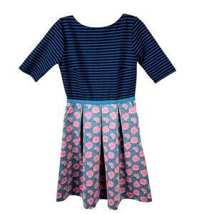 Matilda Jane Women's M Peyton Fit Flare Dress Blue Pink Teal Stripe Floral Rose